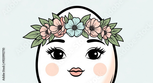 Cartoon woman face with floral crown and makeup on white background smiling sweetly