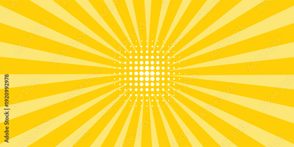 Fototapeta premium Yellow abstract background with light of sunburst. yellow starburst with halftone. sun ray retro background with flash