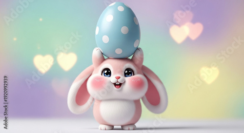 Cute pink bunny with blue easter egg on head pastel background with hearts
