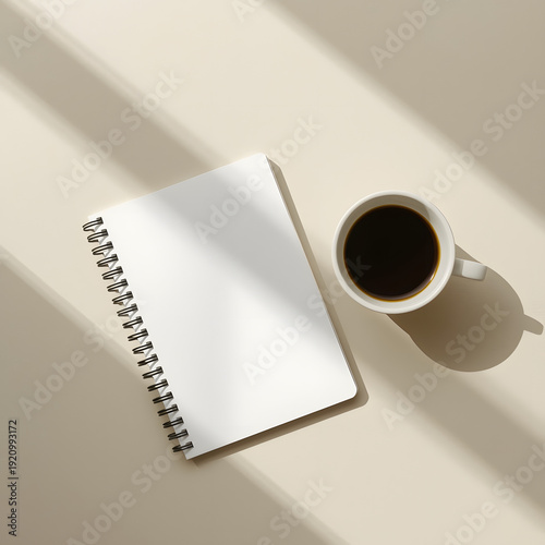 minimal morning workspace flat lay, blank white notebook or journal, coffee cup, clean modern desk setup, Scandinavian aesthetic, neutral and muted tones, soft natural window light, diffused shadow, r