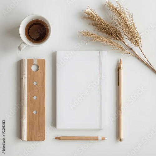 minimal morning workspace flat lay, blank white notebook or journal, coffee cup, clean modern desk setup, Scandinavian aesthetic, neutral and muted tones, soft natural window light, diffused shadow, r