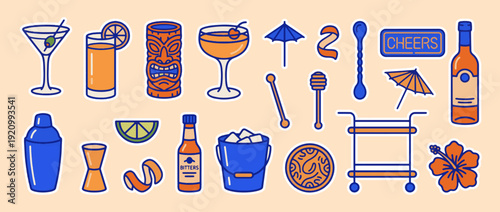 Cocktail Icon Set: A vibrant collection of cocktail icons, perfectly illustrating the artistry of mixology with essential barware and refreshing beverages.