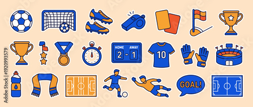 Soccer Icon Collection: A comprehensive set of stylized icons depicting various elements of soccer, offering a visually engaging resource for sports-related themes.