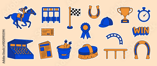 Equestrian Icons: A collection of charming, cartoon-style icons representing the exciting world of horse racing, from the spirited rider atop a powerful equine to the celebratory trophy.