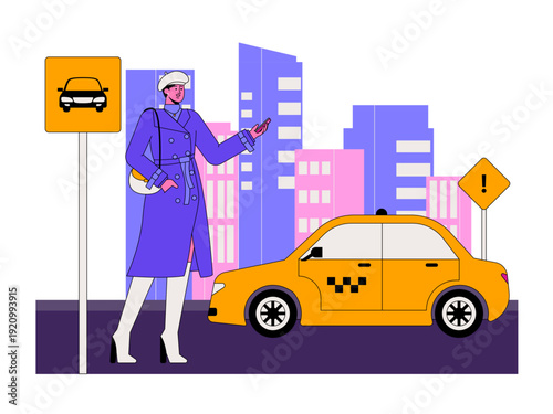 A stylish woman using a smartphone to order a yellow cab in an urban environment. Traffic illustration. Flat vector illustration.