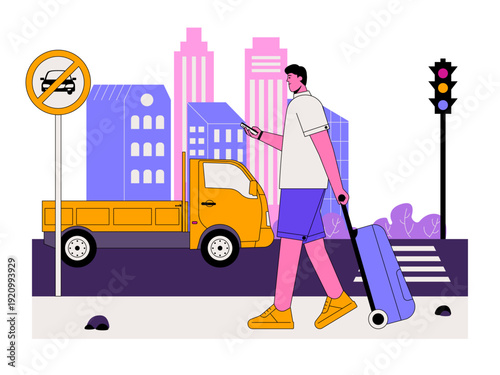 A man walking on a city street while pulling a suitcase and looking at their smartphone. Traffic illustration. Flat vector illustration.