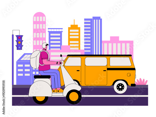 A young man rides a white scooter with a backpack in the city. Traffic illustration. Flat vector illustration.