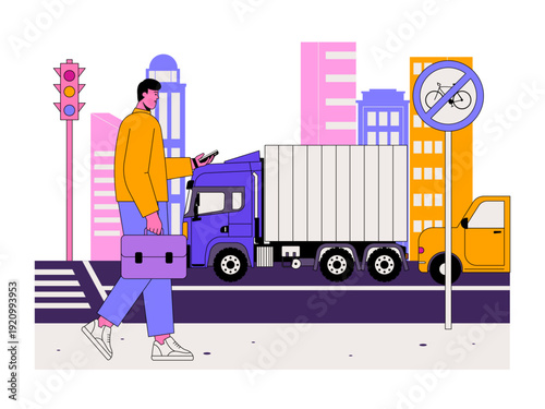 A pedestrian walking on a city street while using a smartphone. Traffic illustration. Flat vector illustration.