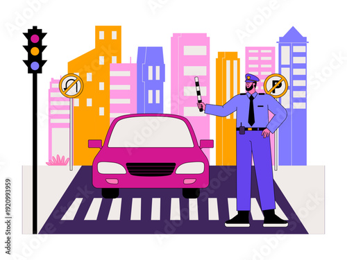 A police officer regulating vehicles in a city. Traffic illustration. Flat vector illustration.