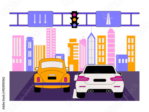 City traffic with two cars stopped at a crossroad under a traffic light. Traffic illustration. Flat vector illustration.