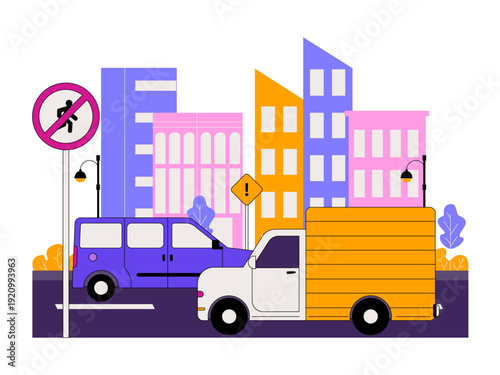 A bustling city street scene with vehicular traffic. Traffic illustration. Flat vector illustration.
