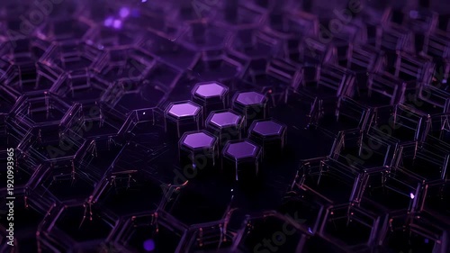 Gleaming purple hexagonal structures form a textured, dark background with a cluster of bright ones