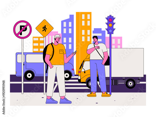 Two pedestrians meet and talk on a zebra crossing. Traffic illustration. Flat vector illustration.