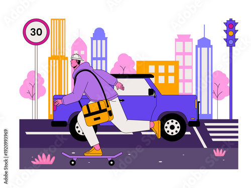 A person is skateboarding in an urban environment. Traffic illustration. Flat vector illustration.