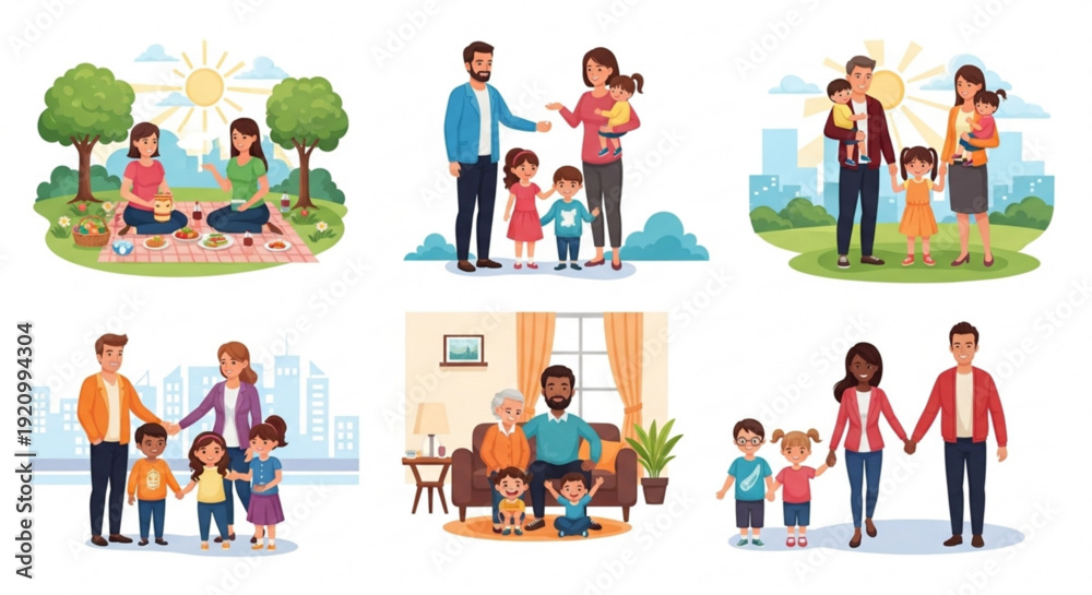 Fototapeta premium Diverse family scenes with parents and children in various settings showcasing love and togetherness in urban and natural environments