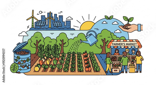Sustainable farming concept with urban cityscape wind turbines and farmer's market promoting eco friendly agriculture and local food production