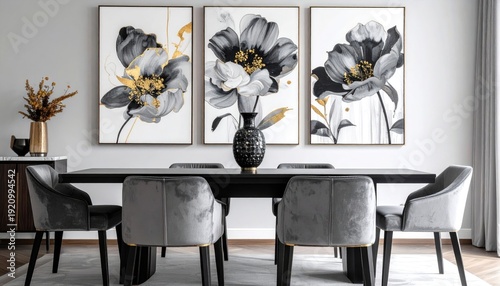 Elegant triptych floral art above dining table, velvet chairs