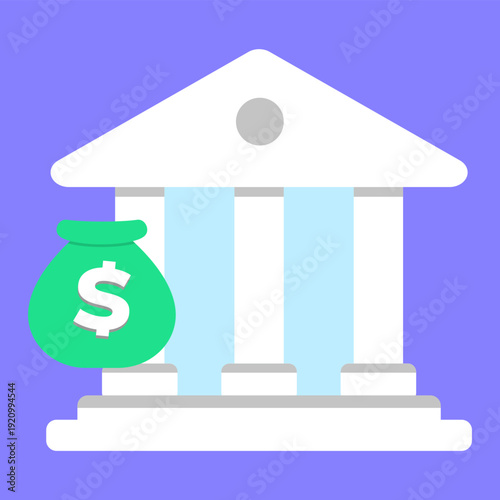 illustration of a bank building alongside a prominent money bag, symbolizing financial, savings, investment, and economic