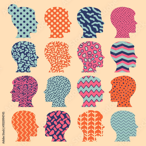 Colorful Silhouettes of Human Heads with Patterns.