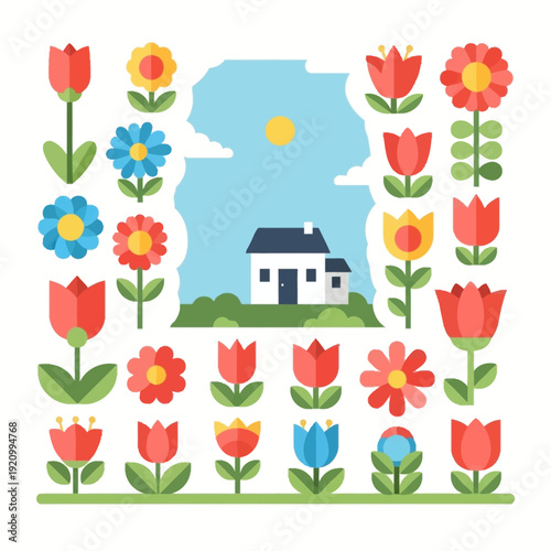 Colorful Tulips and Flowers Illustration.