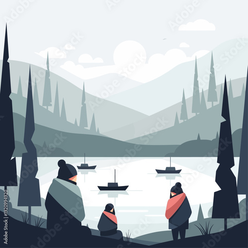 Three People Watching Boats on Lake.