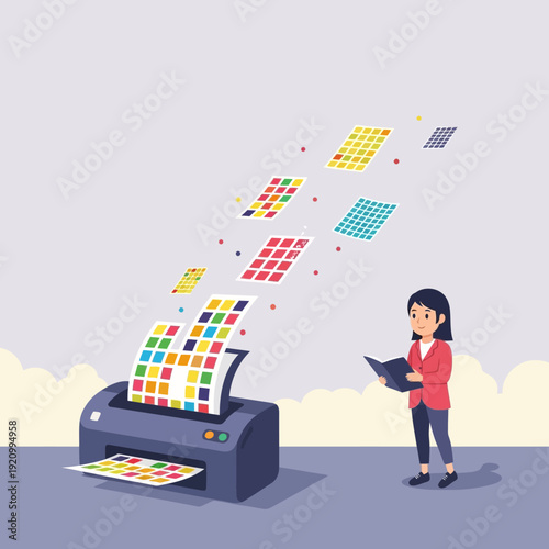 Woman Printing Colorful Documents on Printer.