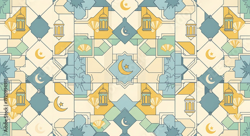 Repeating pattern of stylized houses, moons, and leaves in yellow, blue, and green on a seamless background from a top view
