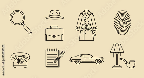 Detective Icons Representing Investigation Tools 1.