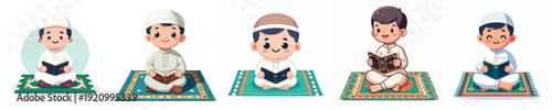 vector of muslim little boy sitting reading the Qur'an during Ramadan