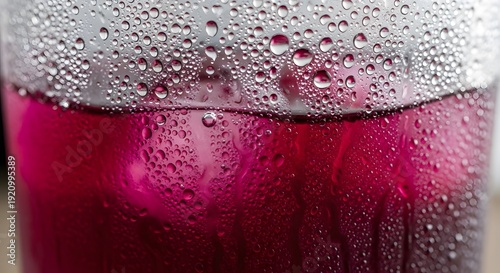 Refreshing purple beverage with condensation droplets on glass, perfect for a cool summer drink
