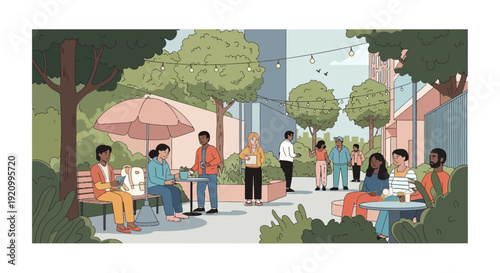 Diverse people relaxing and working in a sunny urban courtyard with trees and cafe tables