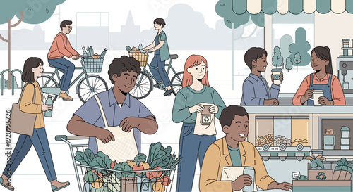 Diverse people shopping and cycling in a vibrant, eco-friendly urban neighborhood.