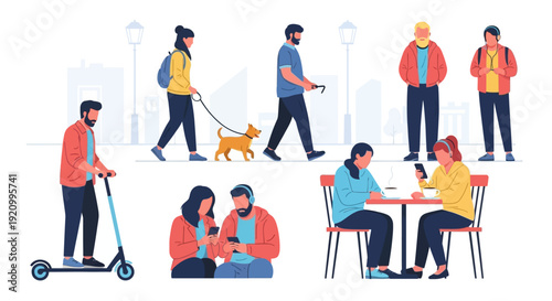 Diverse people using smartphones and enjoying outdoor activities in a city park