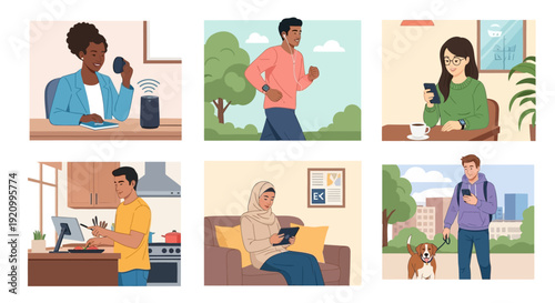 Diverse people using technology in daily life, smart home, fitness, work, and leisure