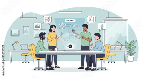 Diverse team collaborating on a futuristic business strategy presentation with holographic data