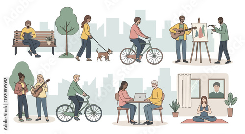 Diverse people enjoying outdoor and indoor activities in a city park and urban setting