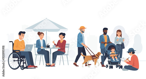 Diverse people enjoying outdoor cafe and park activities, inclusivity and community