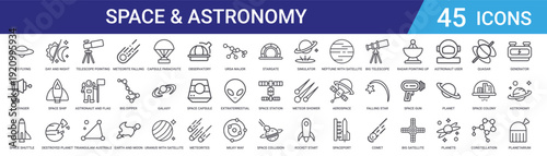 Set of 45 outline space and astronomy icons including astronaut, planets, telescope, meteor, satellite, galaxy, rocket. Editable stroke vector line icons for web and app design