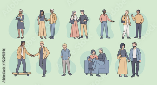 Diverse people interacting in casual settings, modern illustration style