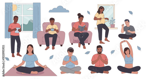 Diverse people practicing mindfulness, yoga, and relaxation indoors