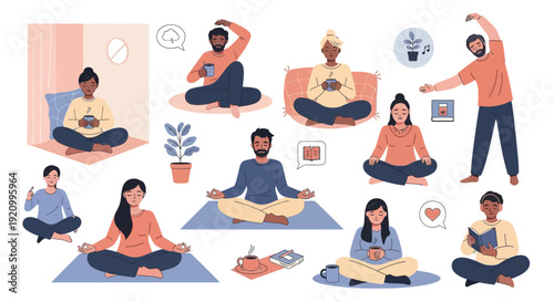 Diverse people meditating and practicing yoga at home, promoting wellness and mindfulness