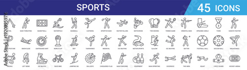 Set of 45 outline sports and activity icons including waterpolo, ice skates, dartboard, basketball court, skiing, martial arts. Vector line icons for web and mobile app