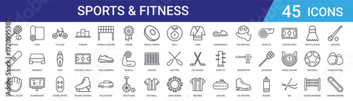 Set of 45 outline sports and fitness icons including yoga, cycling, surf, diving, aerobics, scoreboard, podium. Editable stroke vector line icons for web and mobile app UI design