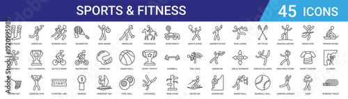 Set of 45 outline sports and fitness icons including badminton, racing, cycling, gym exercise, golf, football, martial arts, basketball, and athletic activities vector