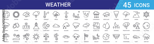 Set of 45 outline weather and climate icons including rain, drought, autumn, temperature, storm elements. Thin line vector icons for web and mobile design