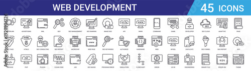 Set of 45 outline web development and SEO vector icons including php, html5, xml, plugin, configuration, consulting, optimization for websites and mobile apps