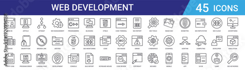 Set of 45 outline web development icons: SEO management, landing page, broken link, sitemap, encryption, programming, coding. Vector line style for UI design