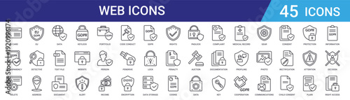 Set of 45 outline web icons including keylock, document, file, data processing, address, detective, GDPR, security. Editable vector line icons for UI, web design, mobile app