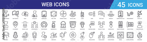 Set of 45 outline web icons including loading, weight loss, saas, matryoshka, placement, map search. Editable stroke vector pack for UI, app design