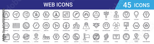 Set of 45 outline web icons including no skiing, arrow on globe, rock landslide safety, flag, smoke zone, square flag, navigate. Linear style vector for web and mobile design